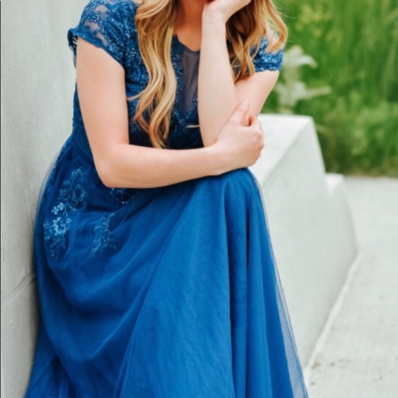 Blue Tulle Long Gown - Picture 1 of 3